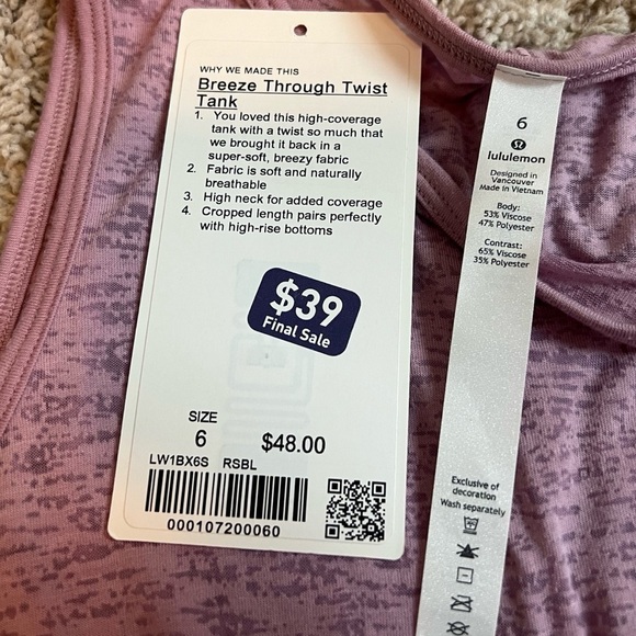 Lululemon Breeze Through Twist Tank Top Pink Rose Blush 6 Pullover Cropped - Picture 8 of 9